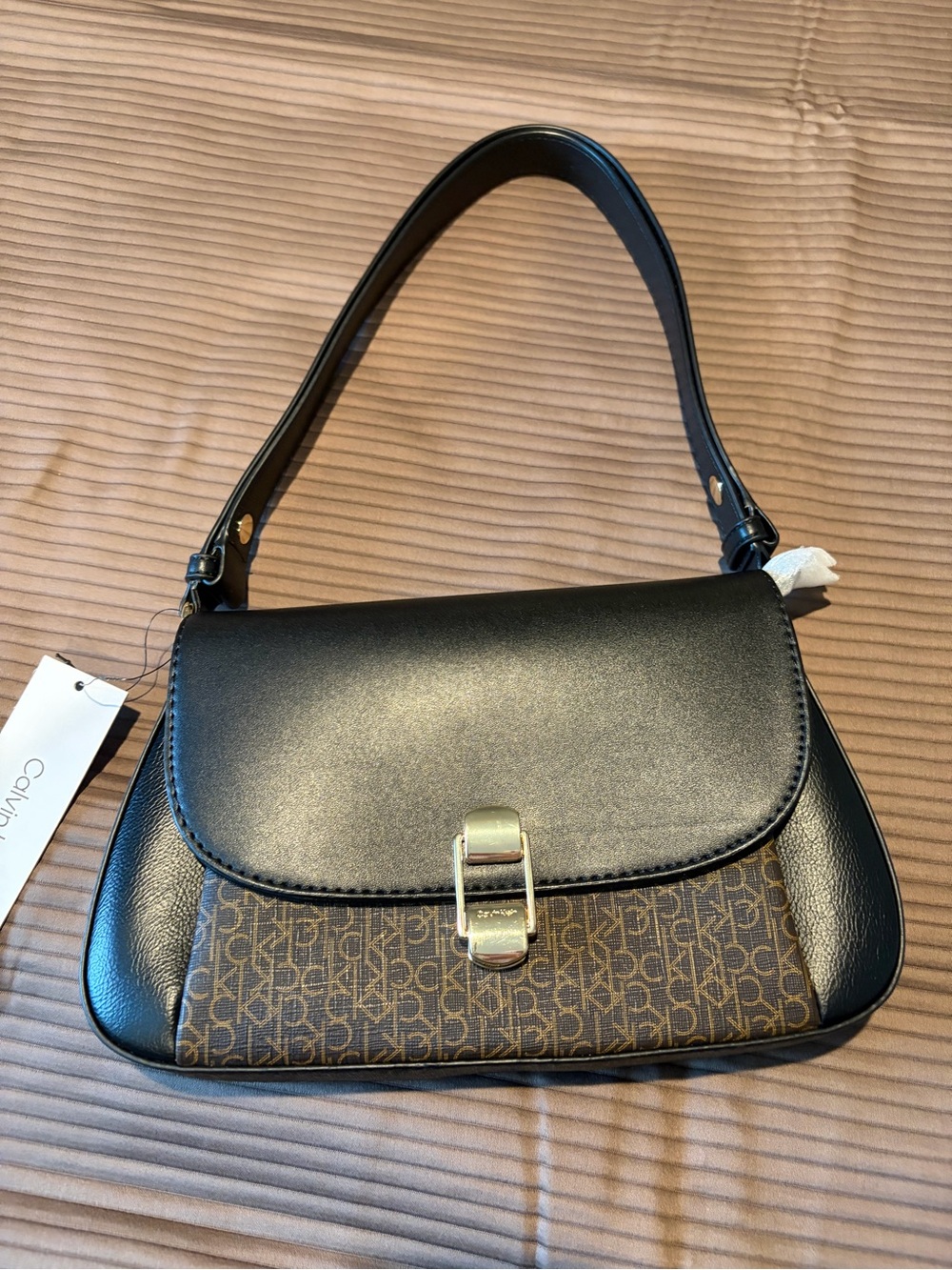 Calvin Klein Black and Brown Signature Shoulder Bag with Gold Hardware